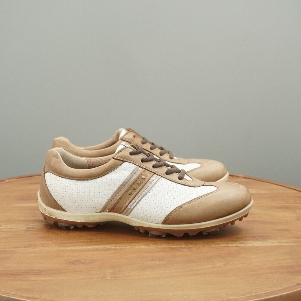 Ecco Womens Golf Shoes White Brown Leather Spiked Waterproof 39 EU / 8 US